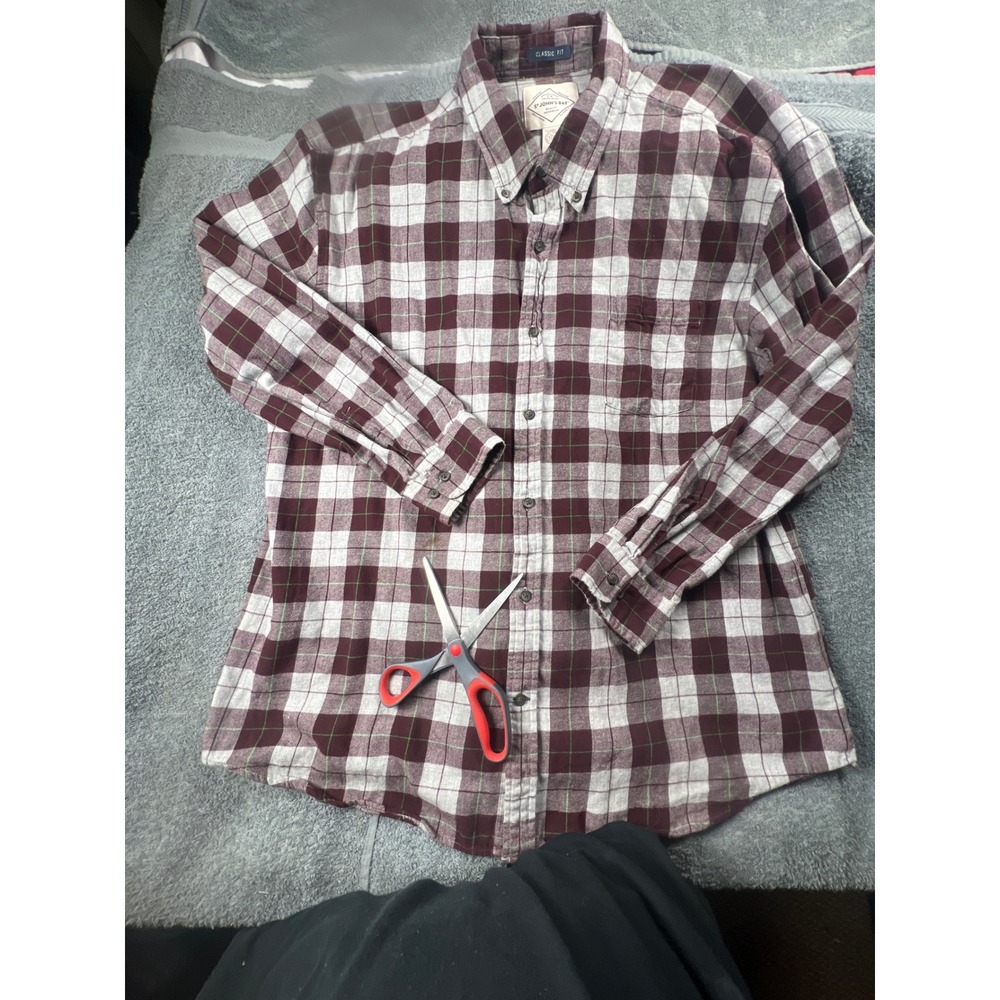 St Johns Bay Classic Fit Plaid Flannel Men's XXL Burgundy White Green Button Dow